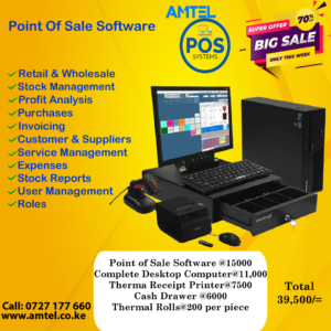 Point of Sale Software in Nairobi Kenya Always Feel free to reach us for ICT solutions Such as Point of sale Software and Hardware. We offer the best stock management solution at a very friendly price. Our POS is the best in market and user-friendly and does not require a lot of computer resources. A full package will cost you Ksh 39,700/=. This include: POS software@15000, a core i3 4gb Ram 500HDD 17″ @11,000, Thermal printer @7500 and a cash drawer@6000. Find the package. Frequently Asked Questions about POS in Kenya What is the cost of the POS software in Kenya? We offer a one off cost of Ksh 15,000/+ per computer plus free installation and training. Is the POS Online or Offline? We have both the online version and offline version. The online version will cost an extra 5k per year for hosting the services. Does the POS system Support KRA e-TIMS Integration? Yes, we have partnered with KRA to enable vendors to generate fiscal receipts with necessary taxes automatically when an invoice is raised. What is the best POS system for small business in Kenya? Our POS System is the best in Kenya as it’s user-friendly and portable. It can work with Windows, Android, Linux etc. as its web based. What is the minimum amount to start POS? With minimum of 26,000, you can have both the POS system @15,000 and a core i3 4GB 500GB HDD @11000. An extra Thermal Printer will cost you 7,500 make the package@33500. We also have cash drawer@6,000 and Barcode Scanners @3,500