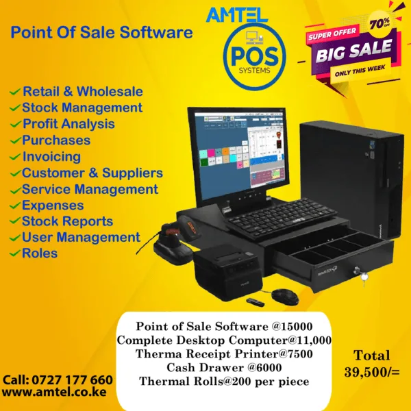 Point of Sale Software in Nairobi Kenya Always Feel free to reach us for ICT solutions Such as Point of sale Software and Hardware. We offer the best stock management solution at a very friendly price. Our POS is the best in market and user-friendly and does not require a lot of computer resources. A full package will cost you Ksh 39,700/=. This include: POS software@15000, a core i3 4gb Ram 500HDD 17″ @11,000, Thermal printer @7500 and a cash drawer@6000. Find the package. Frequently Asked Questions about POS in Kenya What is the cost of the POS software in Kenya? We offer a one off cost of Ksh 15,000/+ per computer plus free installation and training. Is the POS Online or Offline? We have both the online version and offline version. The online version will cost an extra 5k per year for hosting the services. Does the POS system Support KRA e-TIMS Integration? Yes, we have partnered with KRA to enable vendors to generate fiscal receipts with necessary taxes automatically when an invoice is raised. What is the best POS system for small business in Kenya? Our POS System is the best in Kenya as it’s user-friendly and portable. It can work with Windows, Android, Linux etc. as its web based. What is the minimum amount to start POS? With minimum of 26,000, you can have both the POS system @15,000 and a core i3 4GB 500GB HDD @11000. An extra Thermal Printer will cost you 7,500 make the package@33500. We also have cash drawer@6,000 and Barcode Scanners @3,500