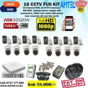 Hikvision 16 2MP 1080P Full HD CCTV Cameras Complete System Package-(With 2TB HDD +200M RG59 Cable + 16 Channel DVRr Machine) Nairobi Kenya